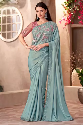 Sky shimmer silk crape saree with linen work blouse