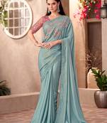 Sky shimmer silk crape saree with linen work blouse
