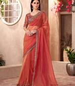 Rust golden sparkle tissue saree with linen work blouse