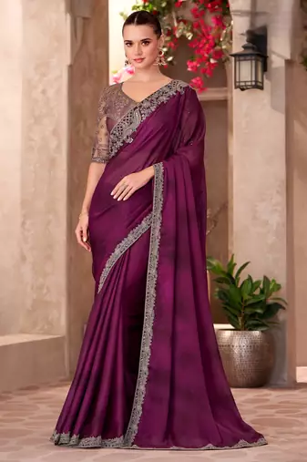 Fine wine satin chiffon saree with satin work blouse