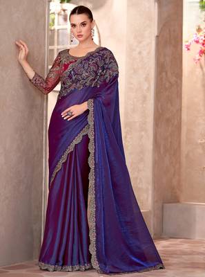Purple electric feel satin georgette saree with georgette work blouse 1