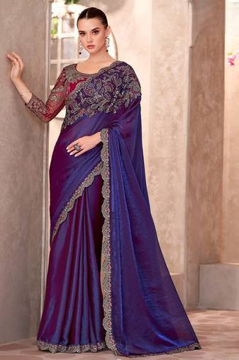 Purple electric feel satin georgette saree with georgette work blouse