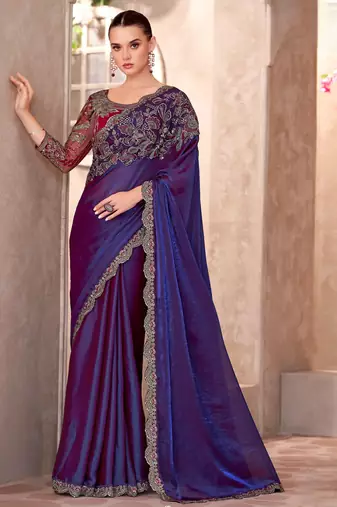 Purple electric feel satin georgette saree with georgette work blouse