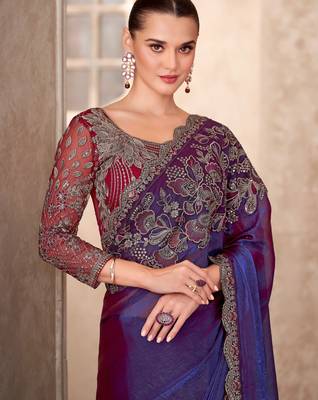 Purple electric feel satin georgette saree with georgette work blouse 2
