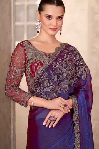 Purple electric feel satin georgette saree with georgette work blouse