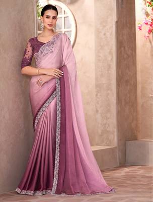 Pink majestic shaded chiffon saree with linen work blouse 1