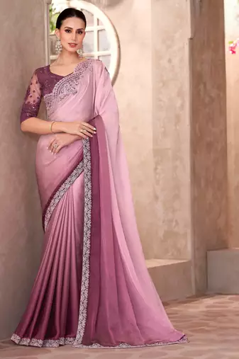 Pink majestic shaded chiffon saree with linen work blouse