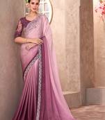 Pink majestic shaded chiffon saree with linen work blouse