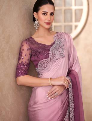Pink majestic shaded chiffon saree with linen work blouse 2