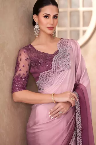 Pink majestic shaded chiffon saree with linen work blouse