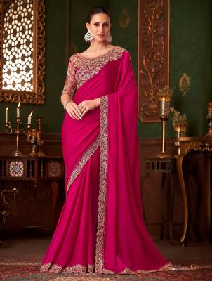 Rani pink magic satin silk blend saree with satin silk blend blouse 1