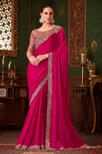 Rani pink magic satin silk saree with satin silk blouse