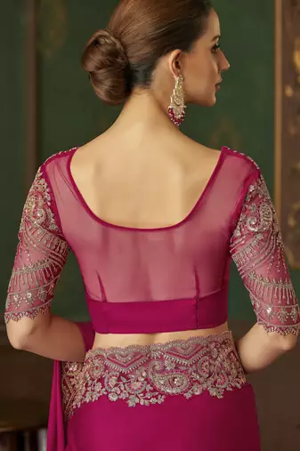 Rani pink magic satin silk blend saree with satin silk blend blouse