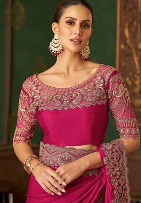 Rani pink magic satin silk blend saree with satin silk blend blouse 3
