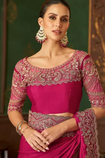 Rani pink magic satin silk blend saree with satin silk blend blouse
