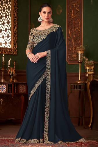 Navy Blue magic satin silk saree with satin silk blouse