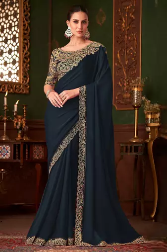 Navy Blue magic satin silk saree with satin silk blouse