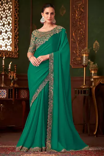 Green magic satin silk saree with satin silk blouse