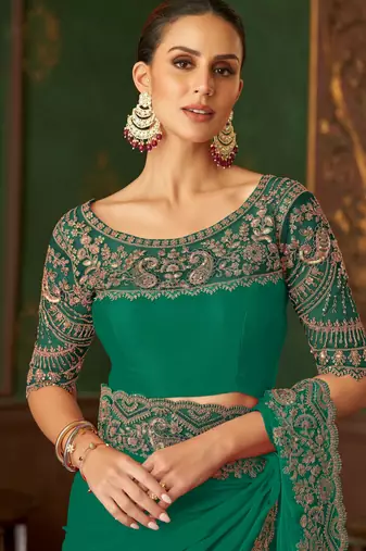 Green magic satin silk blend saree with satin silk blend blouse