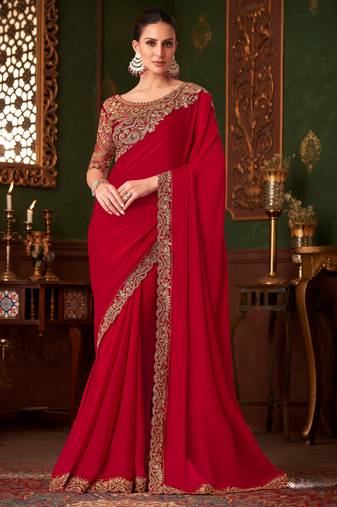 Red magic satin silk saree with satin silk blouse