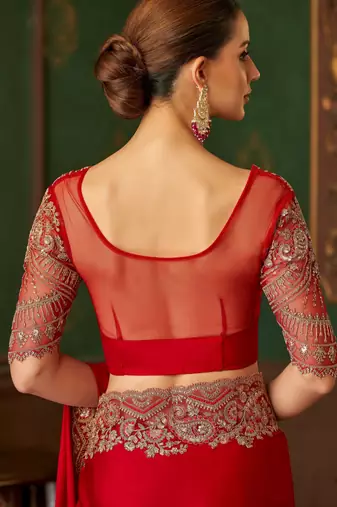 Red magic satin silk blend saree with satin silk blend blouse