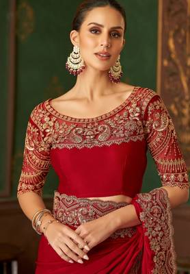 Red magic satin silk blend saree with satin silk blend blouse 3
