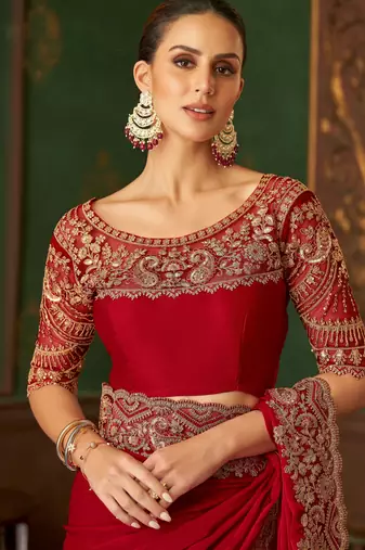 Red magic satin silk blend saree with satin silk blend blouse