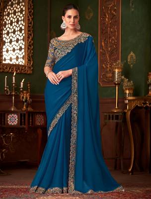 Teal magic satin silk blend saree with satin silk blend blouse 1