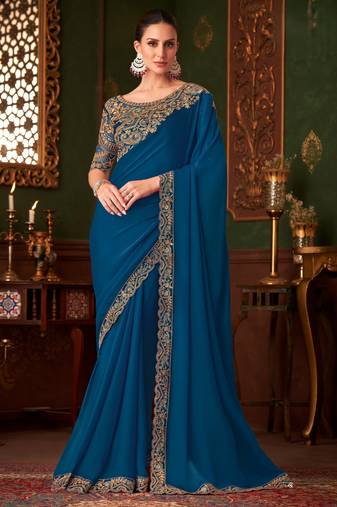 Teal magic satin silk saree with satin silk blouse