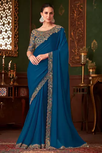 Teal magic satin silk saree with satin silk blouse