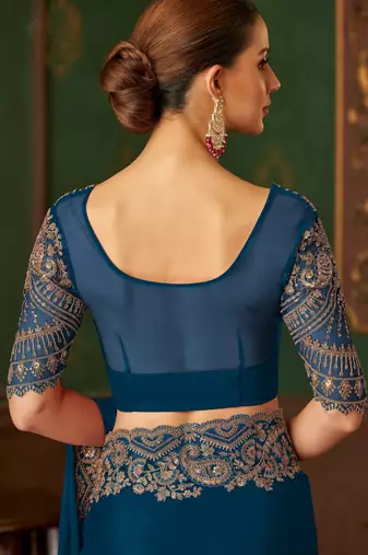 Teal magic satin silk blend saree with satin silk blend blouse