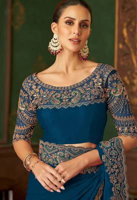 Teal magic satin silk blend saree with satin silk blend blouse 3
