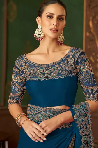 Teal magic satin silk blend saree with satin silk blend blouse