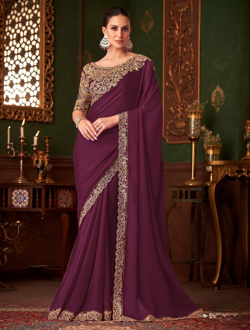 Wine magic satin silk saree with satin silk blouse