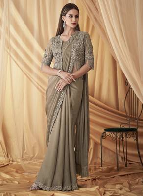 Mouse sparkling satin georgette saree with unstitched blouse & work jacket 1