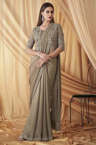 Mouse sparkling satin georgette saree with unstitched blouse & work jacket