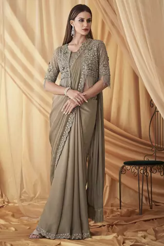 Mouse sparkling satin georgette saree with unstitched blouse & work jacket