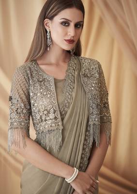 Mouse sparkling satin georgette saree with unstitched blouse & work jacket 2