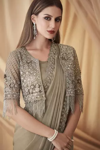 Mouse sparkling satin georgette saree with unstitched blouse & work jacket