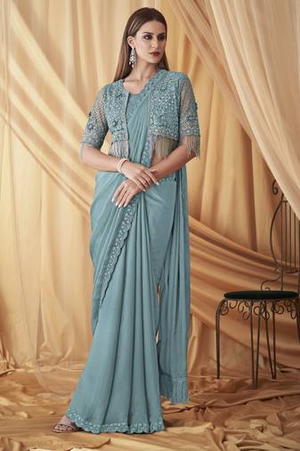 Sky sparkling satin georgette saree with unstitched blouse & work jacket