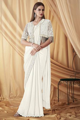White sparkling satin georgette saree with unstitched blouse & work jacket