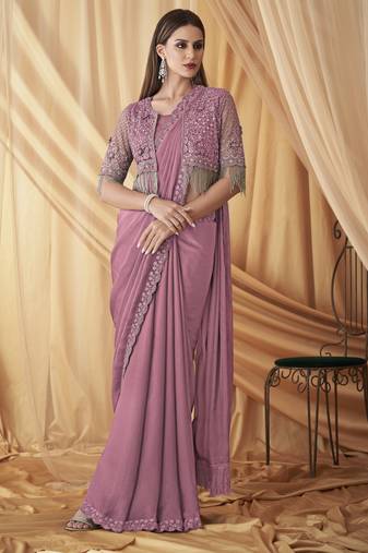 Pink sparkling satin georgette saree with unstitched blouse & work jacket