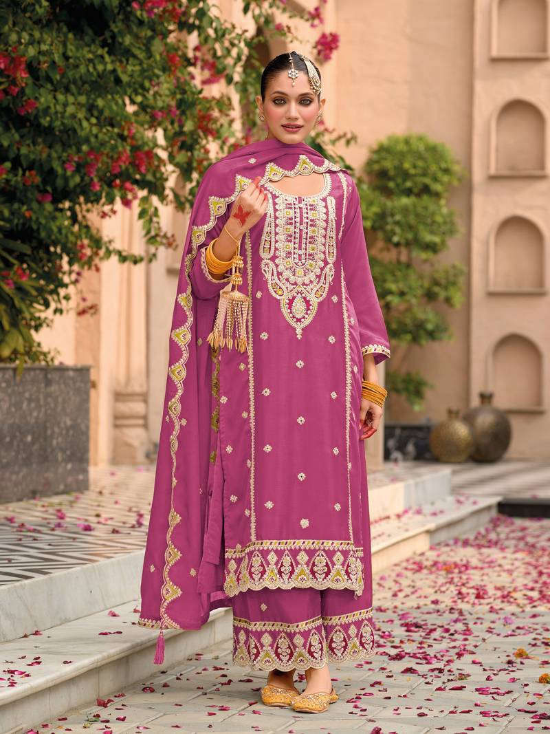 Pink embroidered chinon semi-stitched palazzo style salwar suit