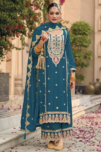 Morpich embroidered chinon semi-stitched palazzo style salwar suit