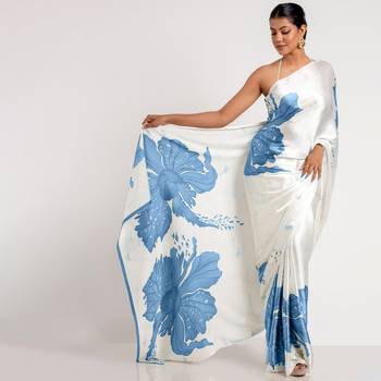 Blue printed satin saree with blouse piece 1