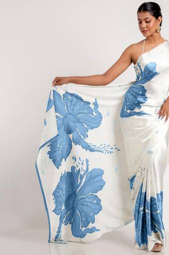Blue printed satin saree with blouse piece