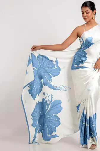 Blue printed satin saree with blouse piece