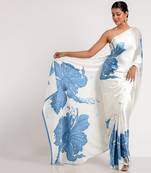 Blue printed satin saree with blouse piece