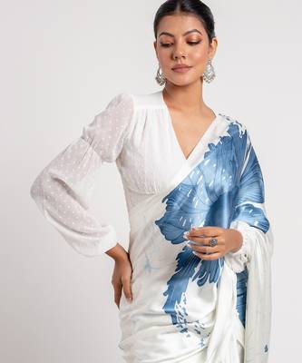Blue printed satin saree with blouse piece 2