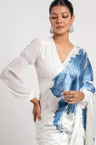 Blue printed satin saree with blouse piece